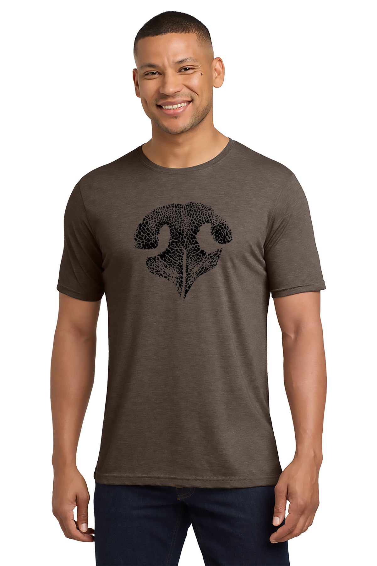 Man wearing a brown t-shirt with a black graphic design on a white background - Paper Street Print Co, Blairstown, NJ