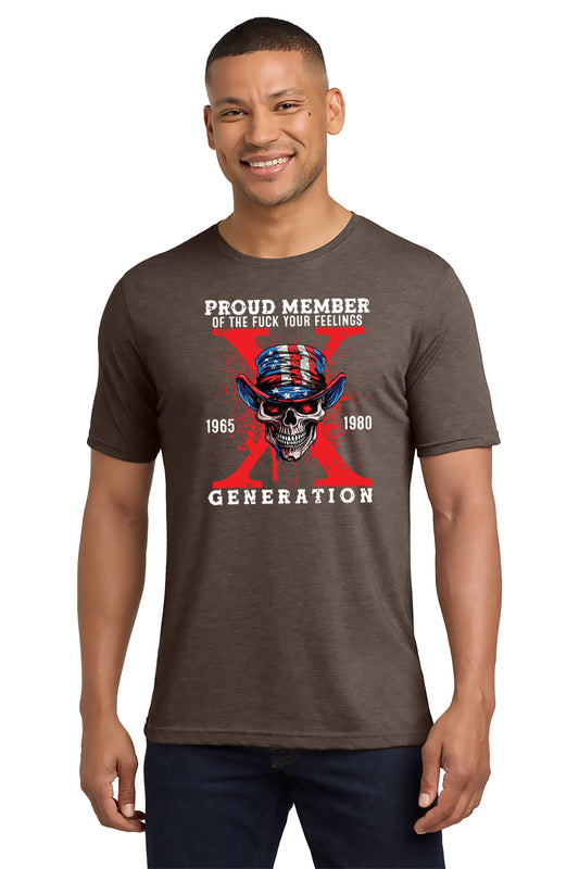 Man wearing a brown t-shirt with graphic design and text - Paper Street Print Co, Blairstown, NJ.