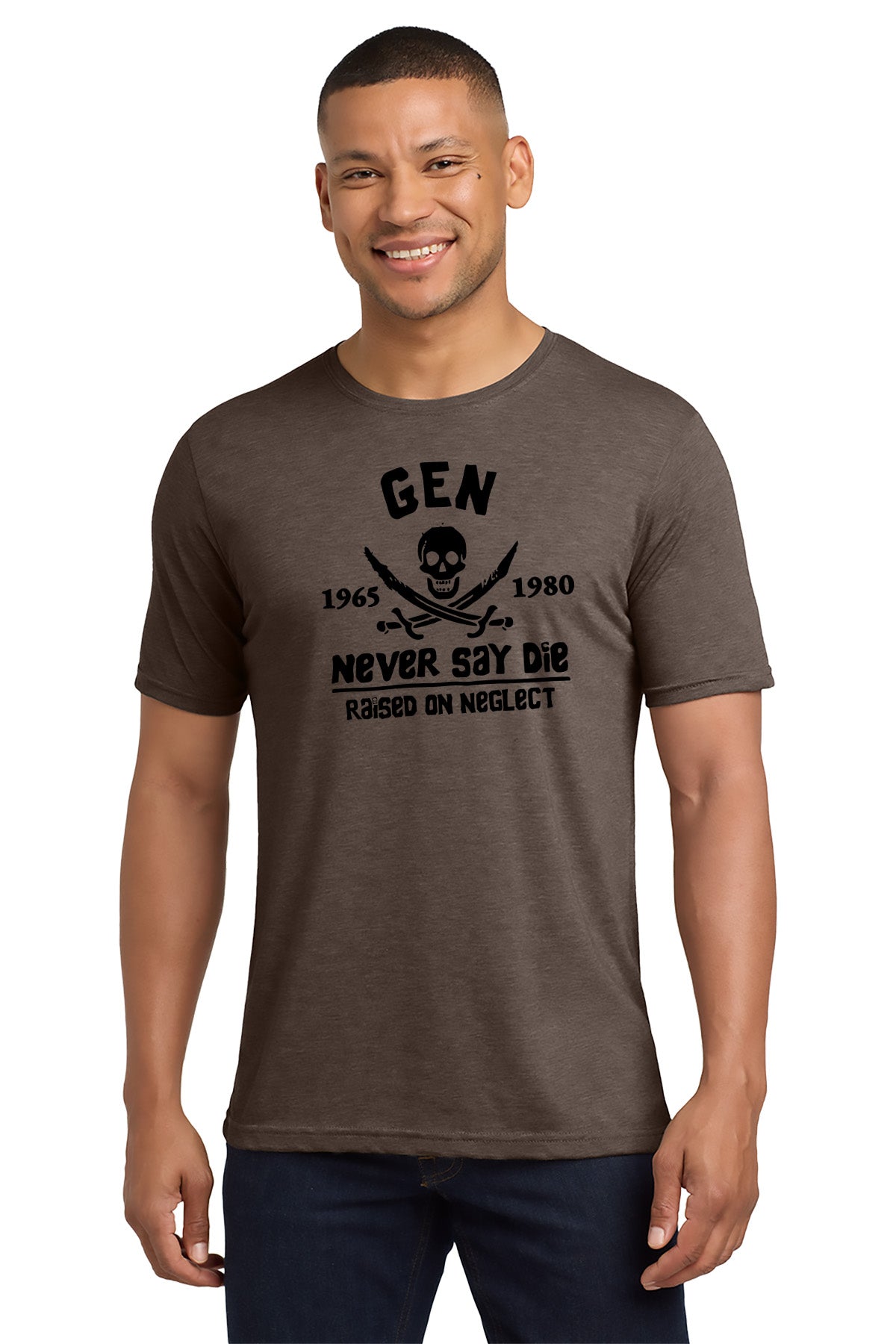 Man wearing a brown t-shirt with black graphic design on a white background - Paper Street Print Co, Blairstown, NJ.