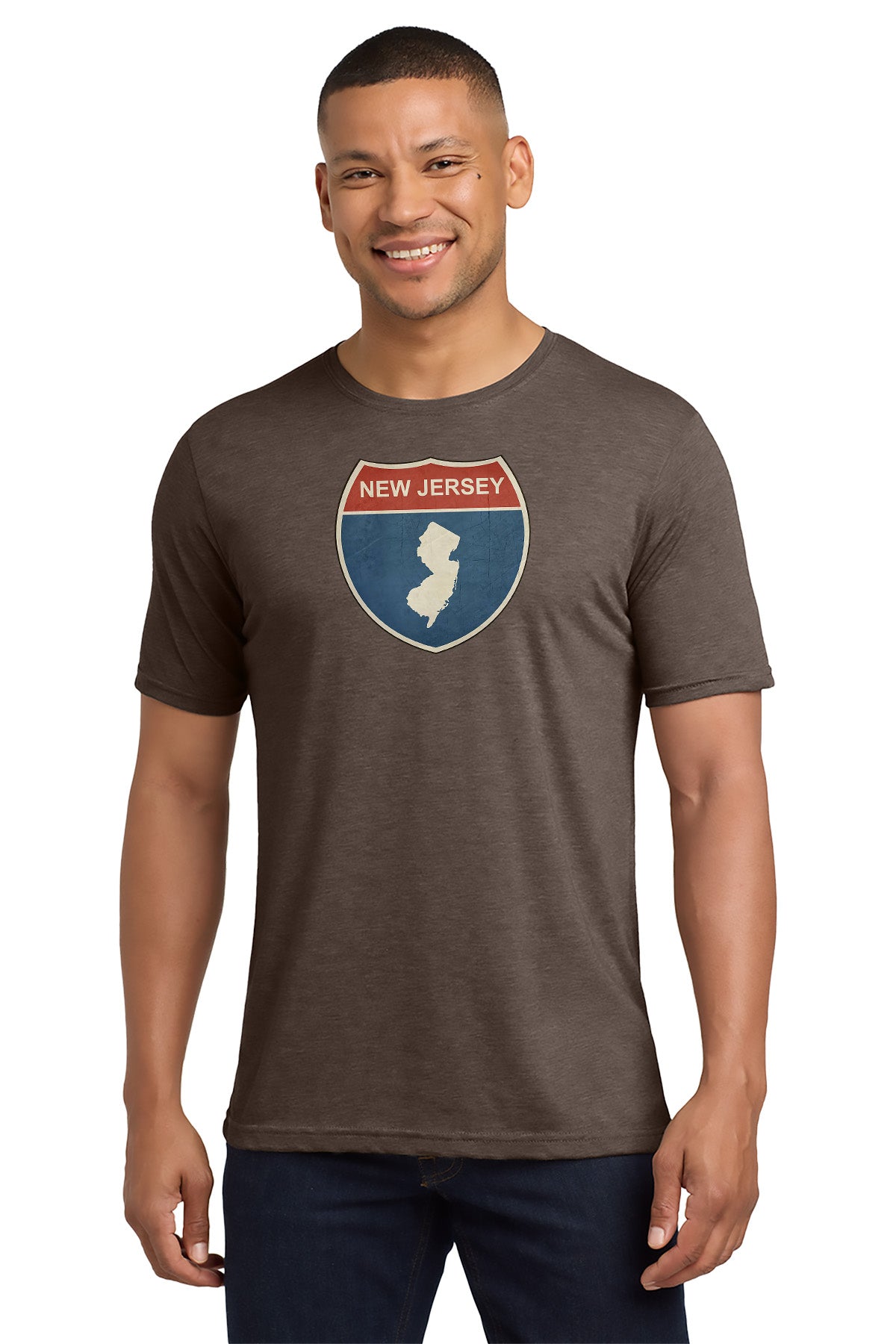 Man wearing a brown t-shirt with a New Jersey graphic design on a white background - Paper Street Print Co, Blairstown, NJ