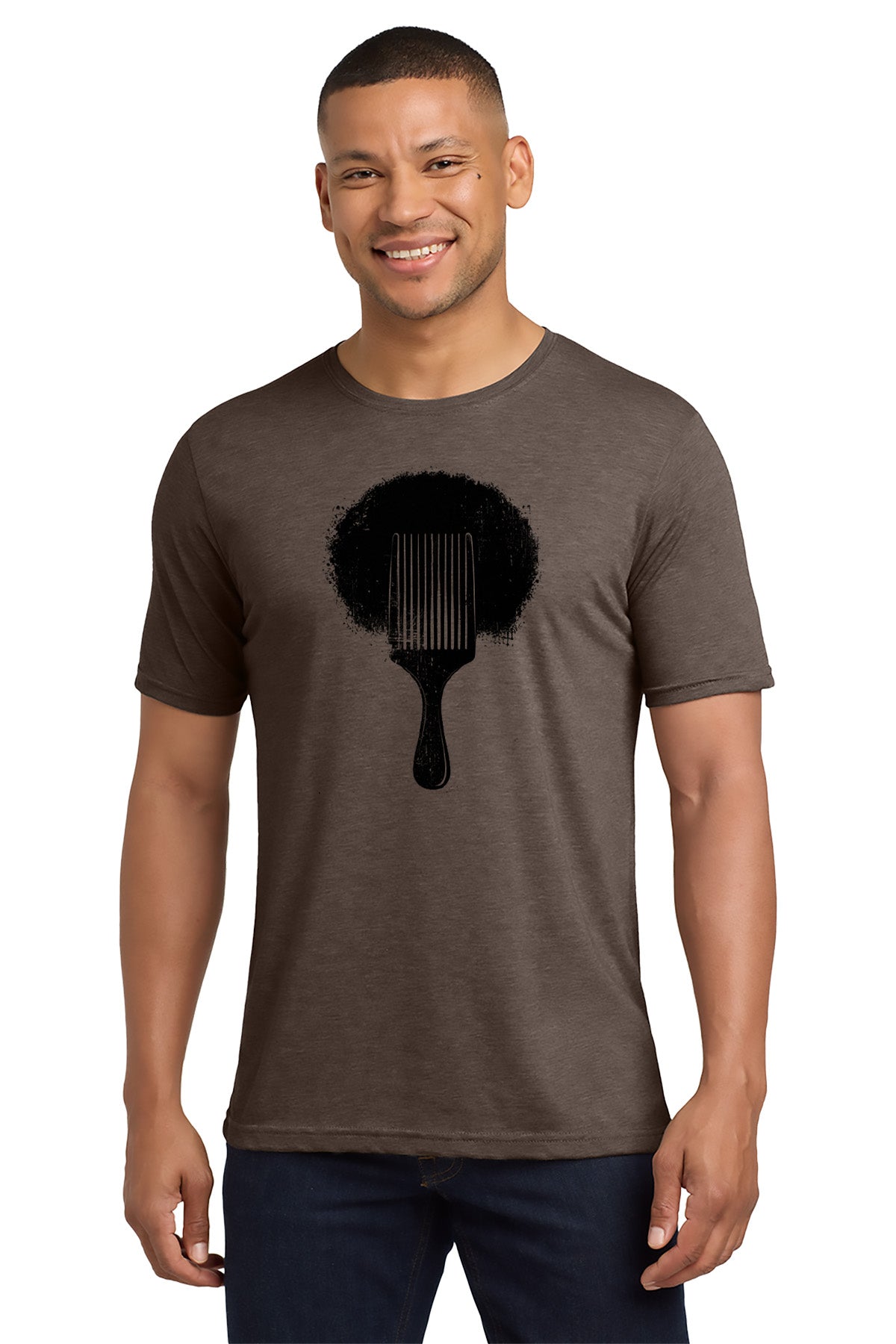 Man wearing a brown t-shirt with a black graphic design on a white background - Paper Street Print Co, Blairstown, NJ
