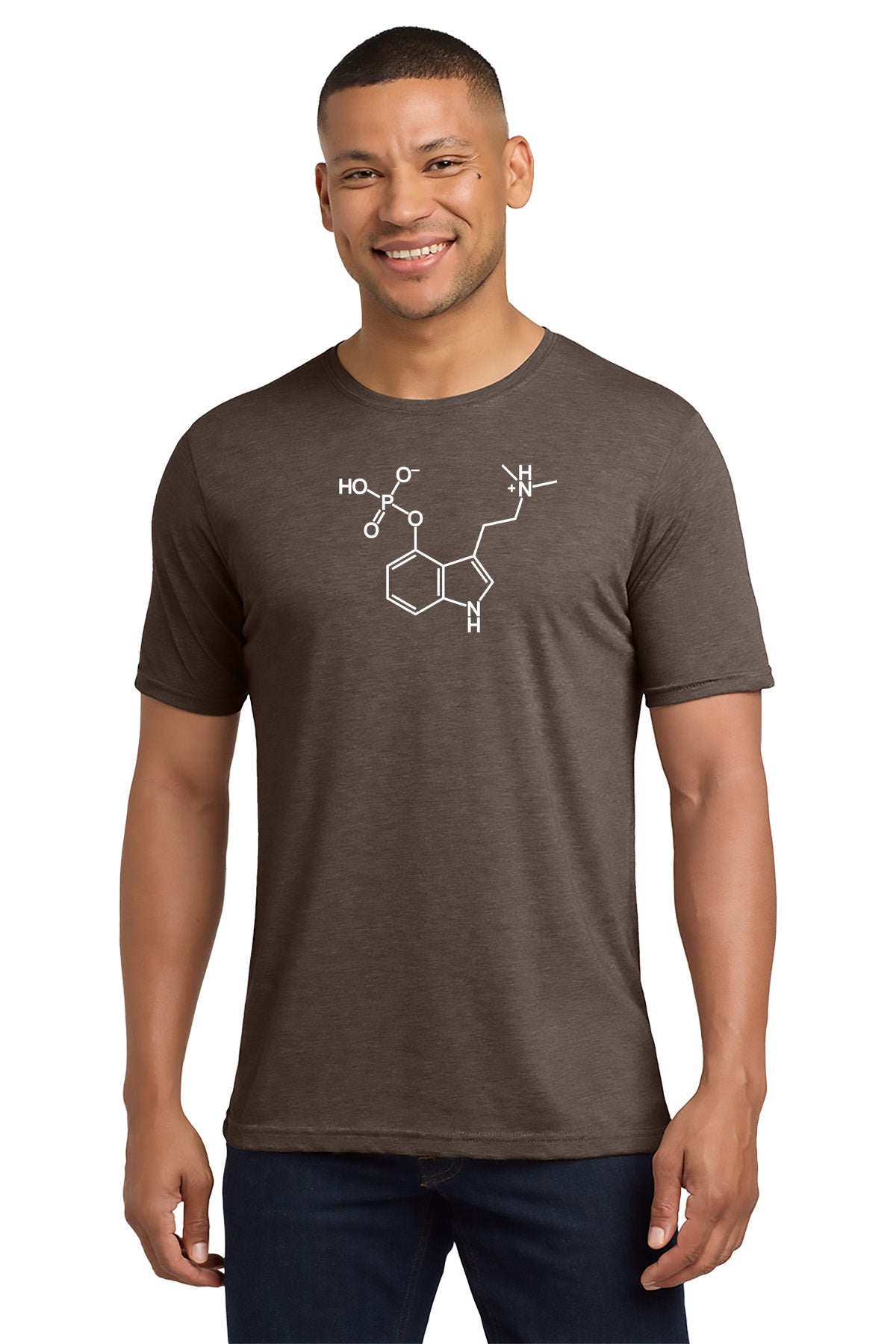 Man wearing a brown t-shirt with a molecule design on a white background - Paper Street Print Co, Blairstown, NJ.