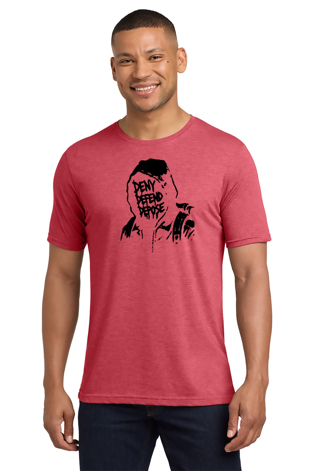 Man wearing a red t-shirt with a graphic design on a white background - Paper Street Print Co, Blairstown, NJ.