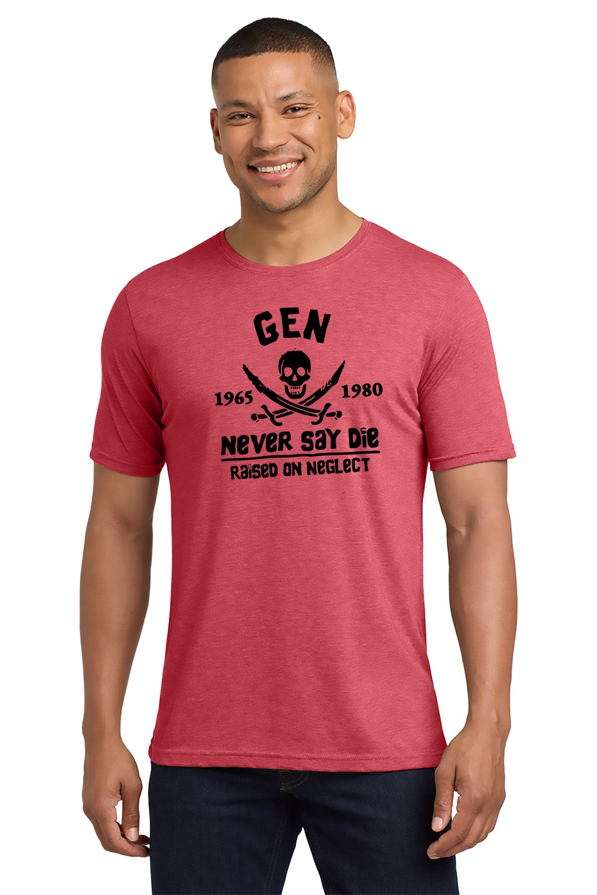 Man wearing a red t-shirt with black text and graphics on a white background - Paper Street Print Co, Blairstown, NJ.