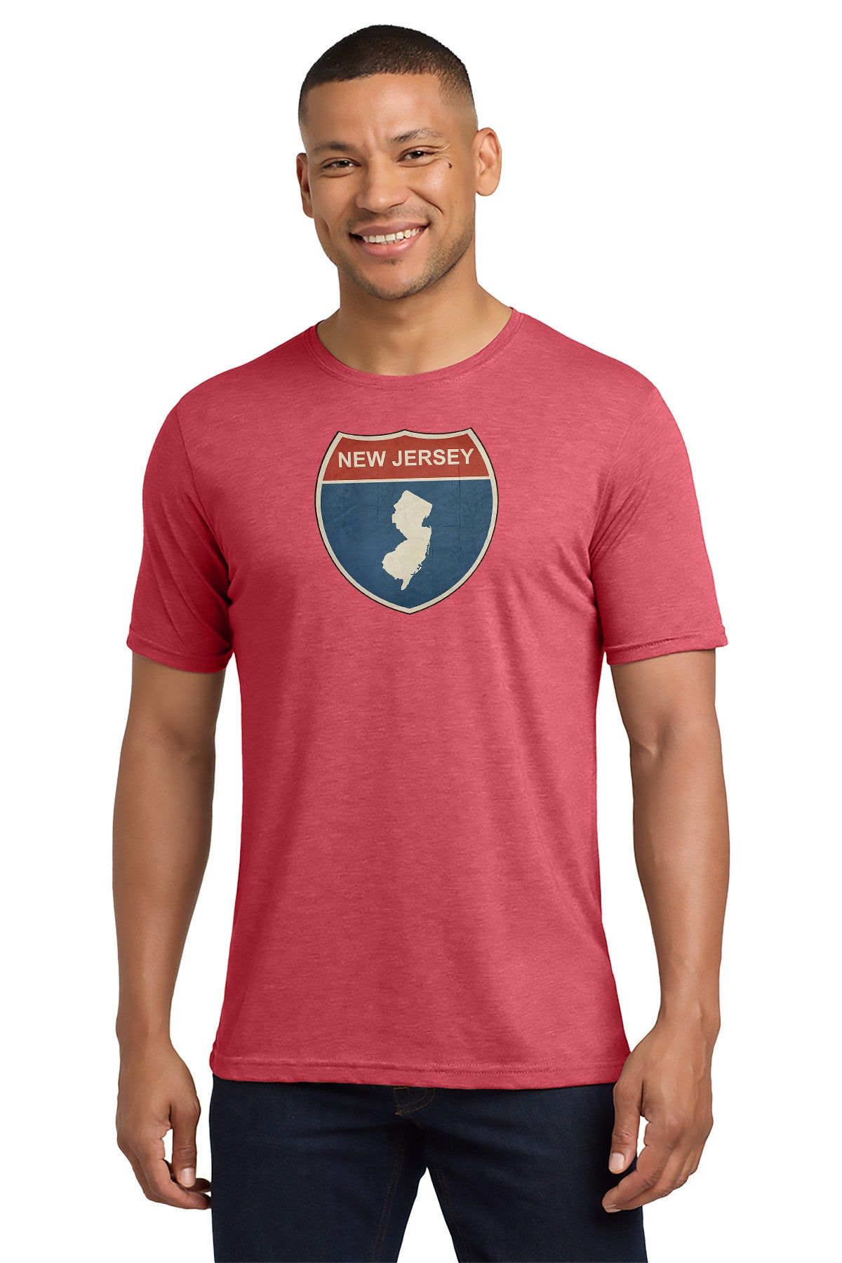 Man wearing a red t-shirt with 'New Jersey' graphic design on a white background - Paper Street Print Co, Blairstown, NJ