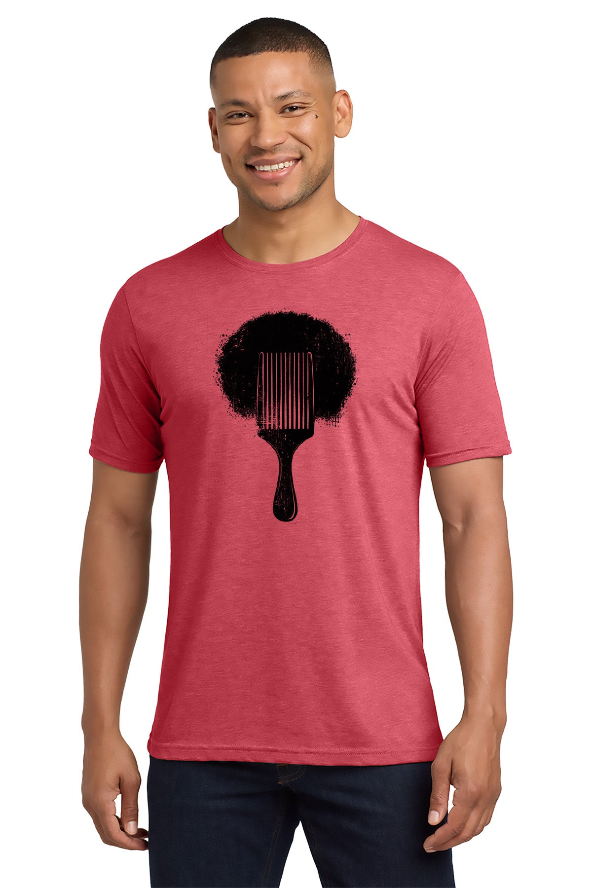 Man wearing a red t-shirt with a black graphic design on a white background - Paper Street Print Co, Blairstown, NJ