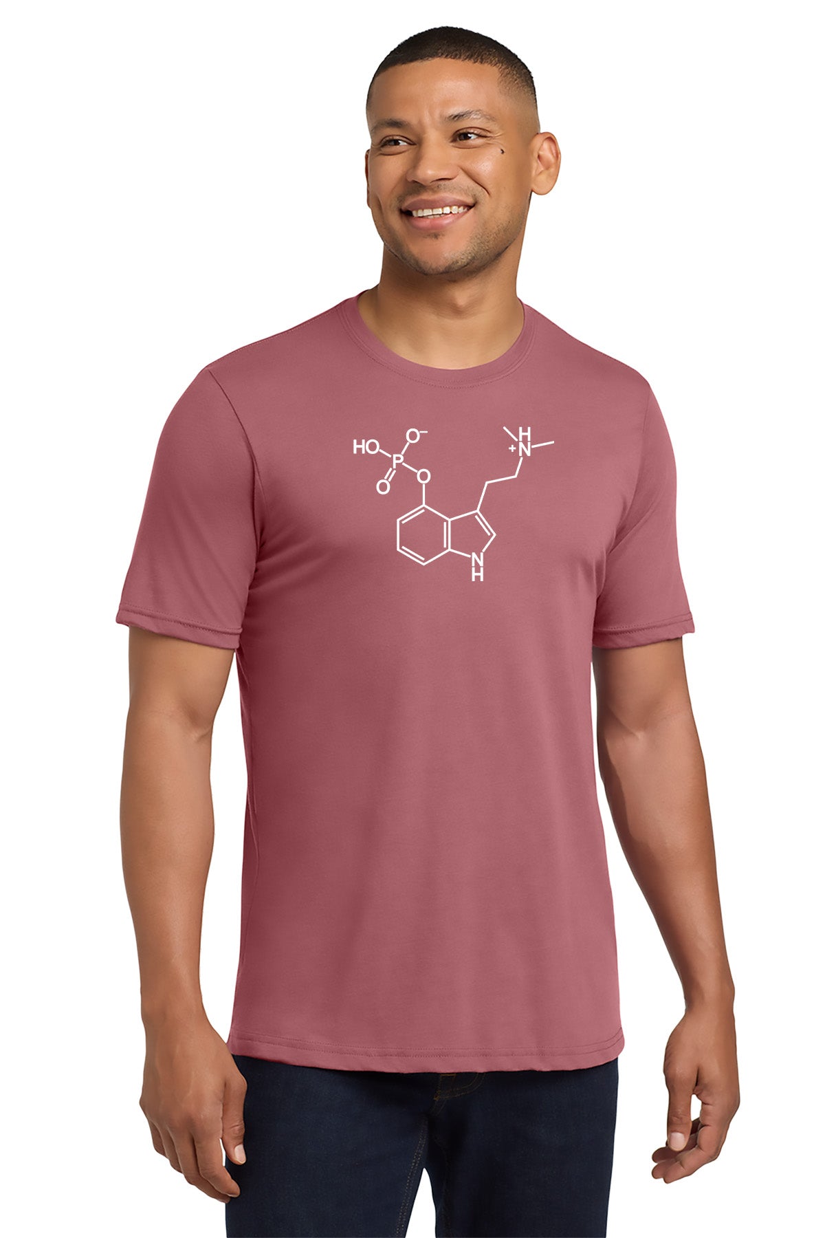 Man wearing a maroon t-shirt with a white molecule diagram on a white background - Paper Street Print Co, Blairstown, NJ.