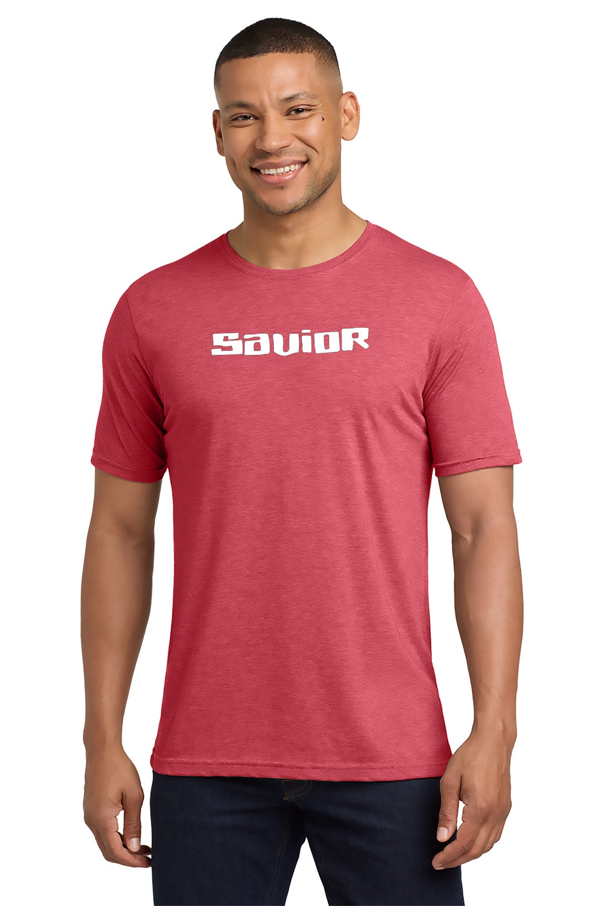 Man wearing a red t-shirt with 'SAVOIR' logo on a white background - Paper Street Print Co, Blairstown, NJ