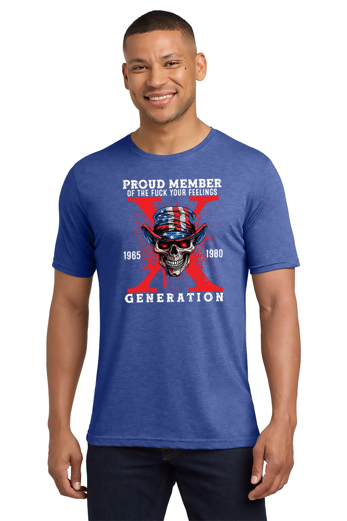 Man wearing a blue t-shirt with graphic design and text - Paper Street Print Co, Blairstown, NJ.