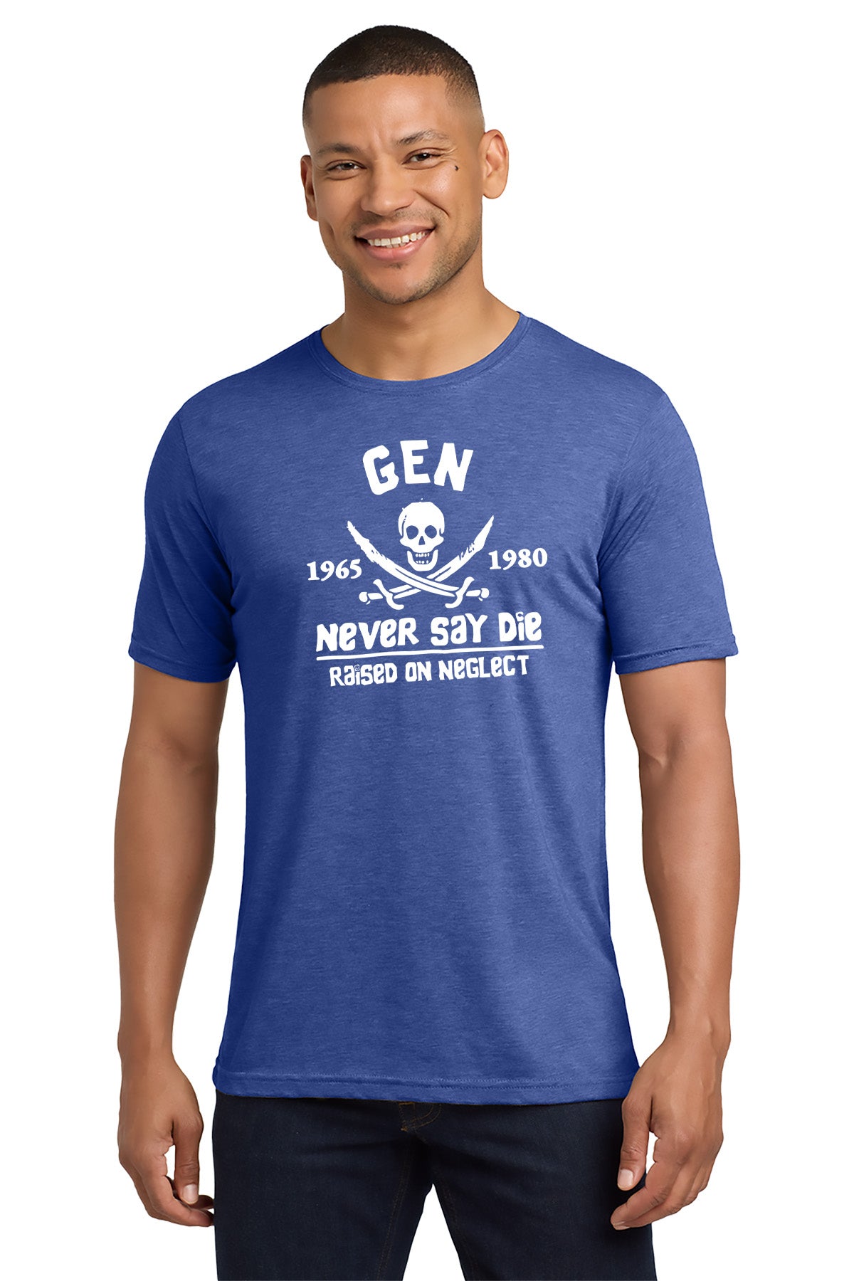Man wearing a blue t-shirt with white text and graphics on a white background - Paper Street Print Co, Blairstown, NJ.