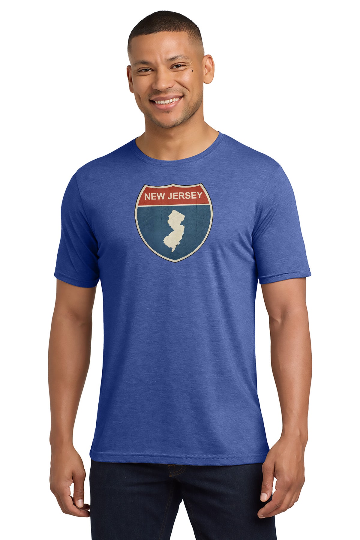 Man wearing a blue t-shirt with New Jersey graphic design on a white background - Paper Street Print Co, Blairstown, NJ