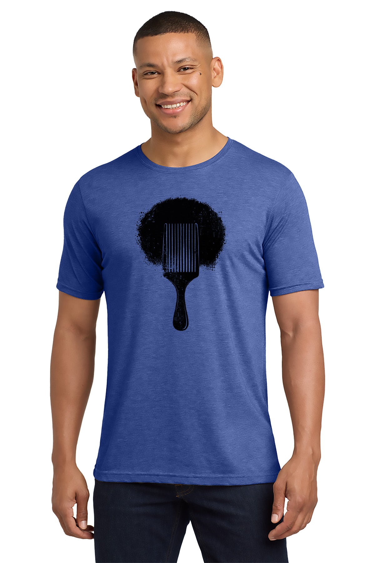 Man wearing a blue t-shirt with a black graphic design on a white background - Paper Street Print Co, Blairstown, NJ