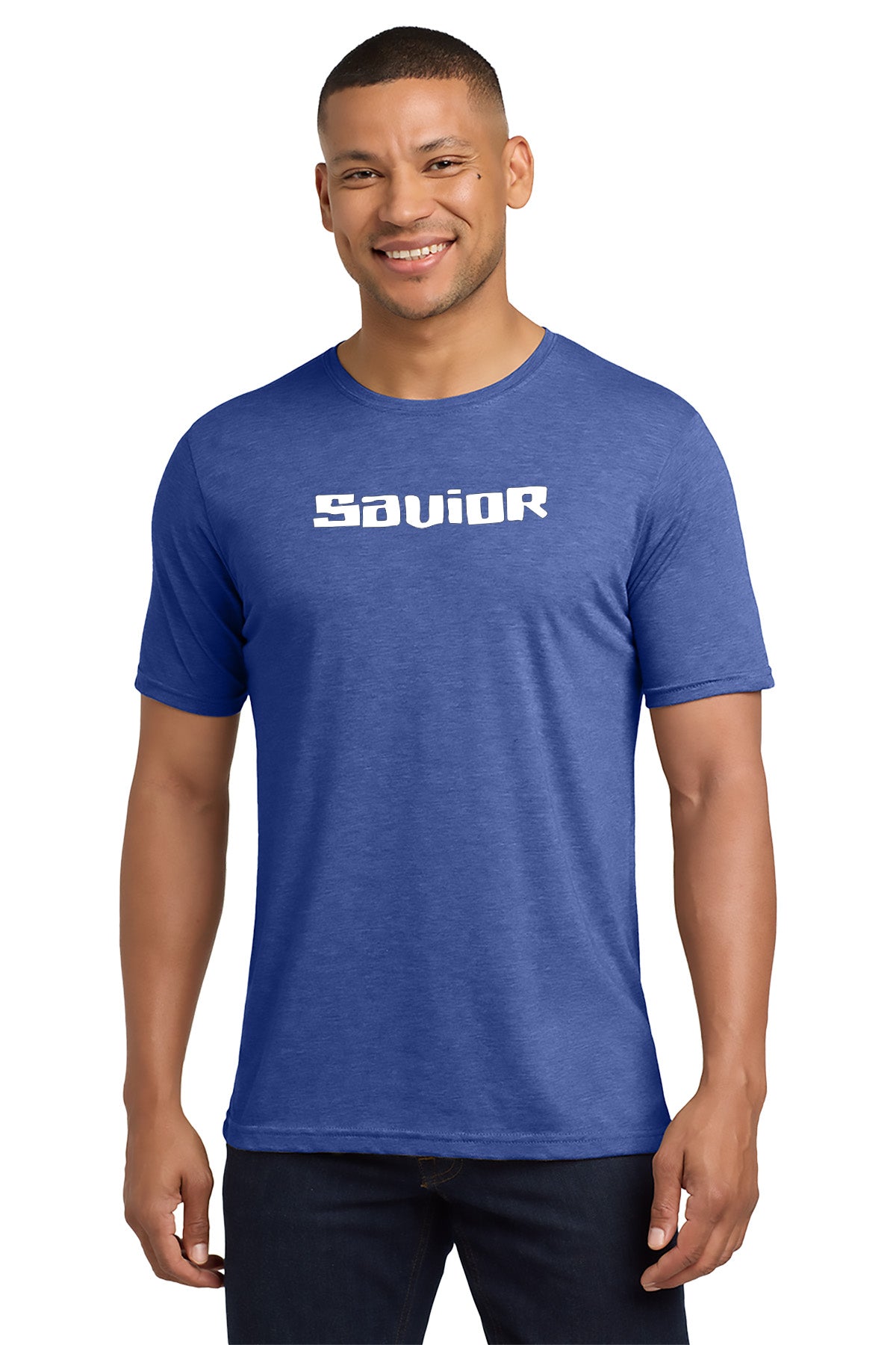 Man wearing a blue t-shirt with 'SAVIOR' printed on it against a white background - Paper Street Print Co, Blairstown, NJ
