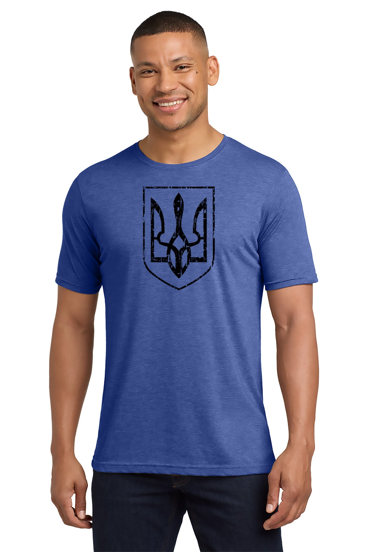 Man wearing a blue t-shirt with a black emblem on a white background- Paper Street Print Co, Blairstown, NJ