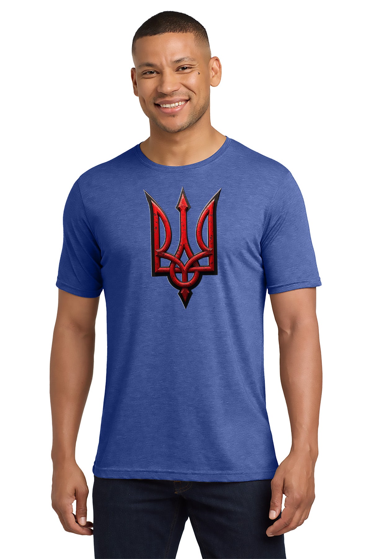 Man wearing a blue t-shirt with a red and black emblem on a white - background - Paper Street Print Co, Blairstown, NJ