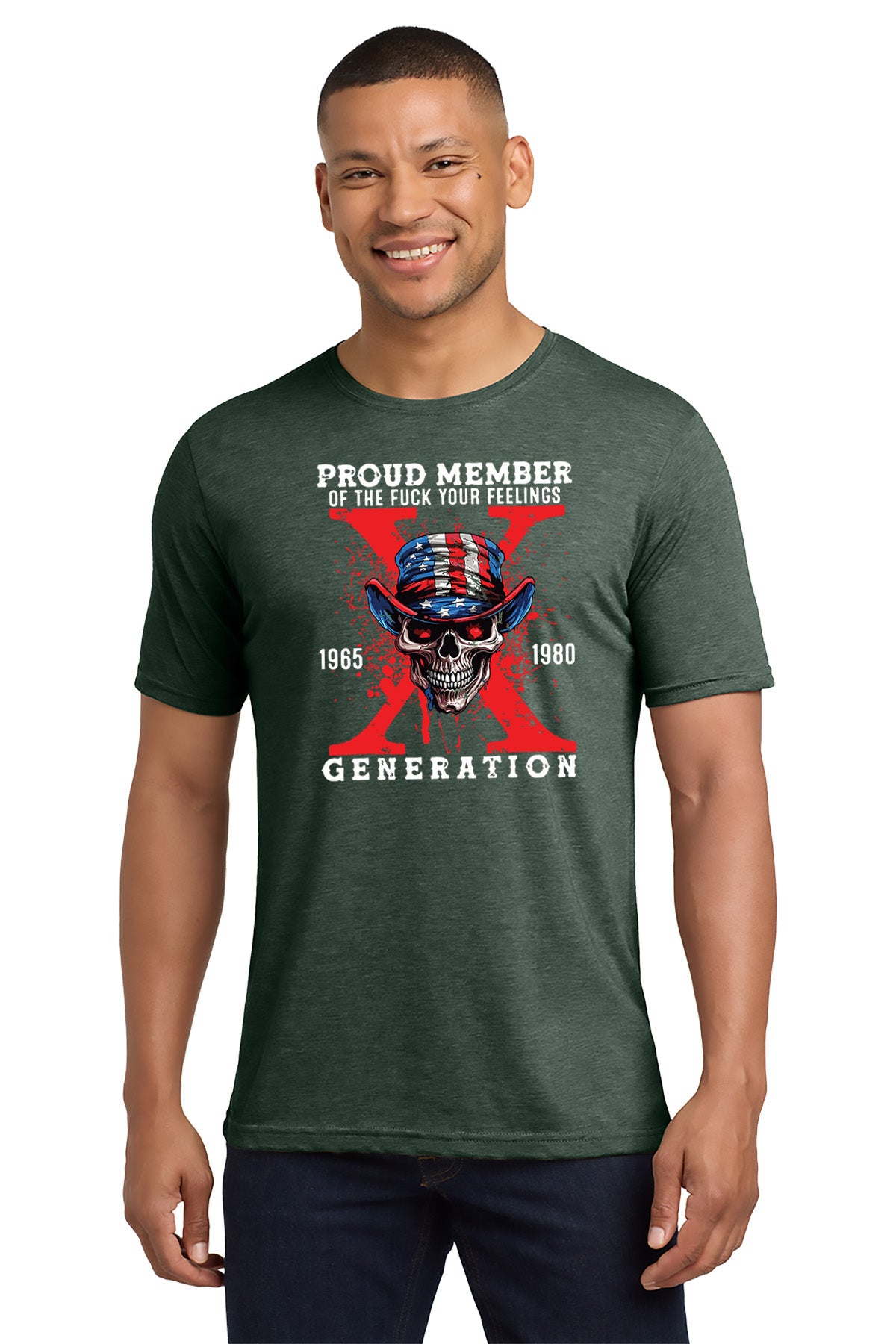 Man wearing a green t-shirt with graphic design and text - Paper Street Print Co, Blairstown, NJ.