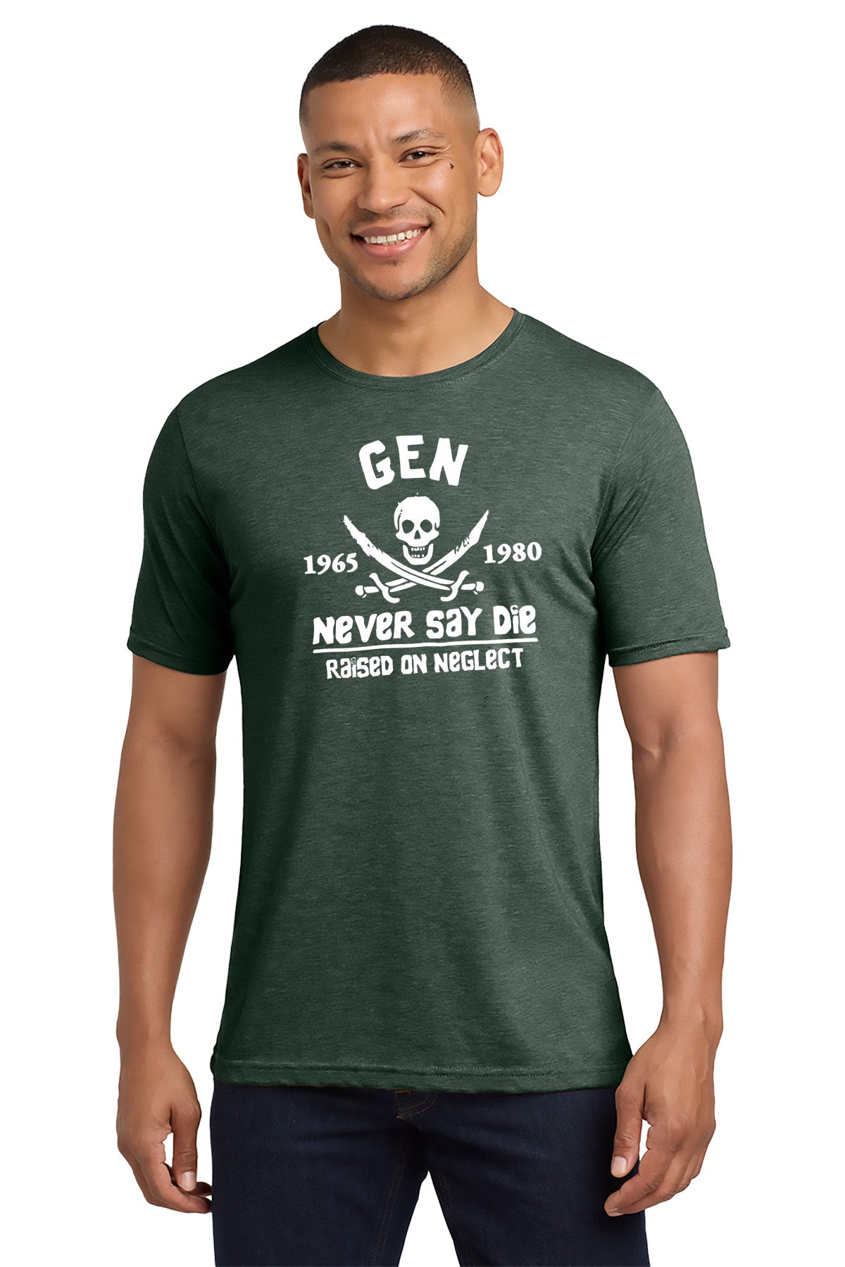 Man wearing a green t-shirt with white text and graphics on a white background - Paper Street Print Co, Blairstown, NJ.