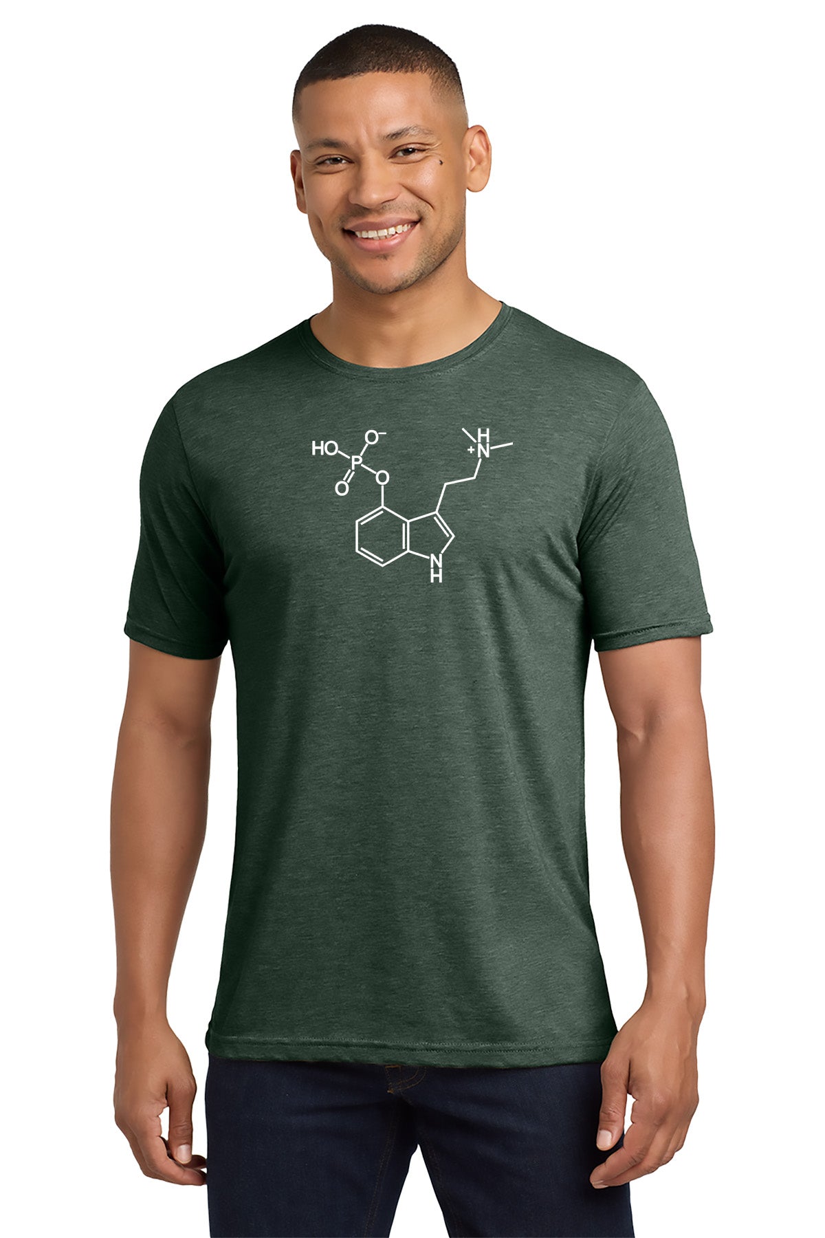 Man wearing a green t-shirt with a chemical structure diagram on a white background - Paper Street Print Co, Blairstown, NJ.