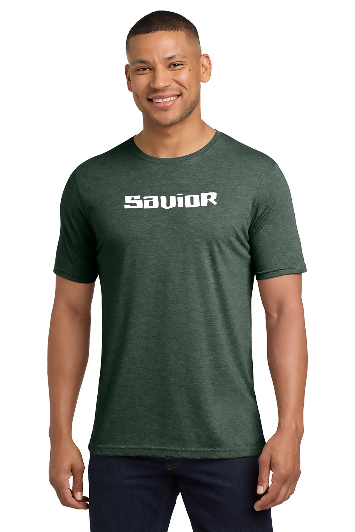 Man wearing a green t-shirt with 'SAVIOR' printed on it against a white background - Paper Street Print Co, Blairstown, NJ
