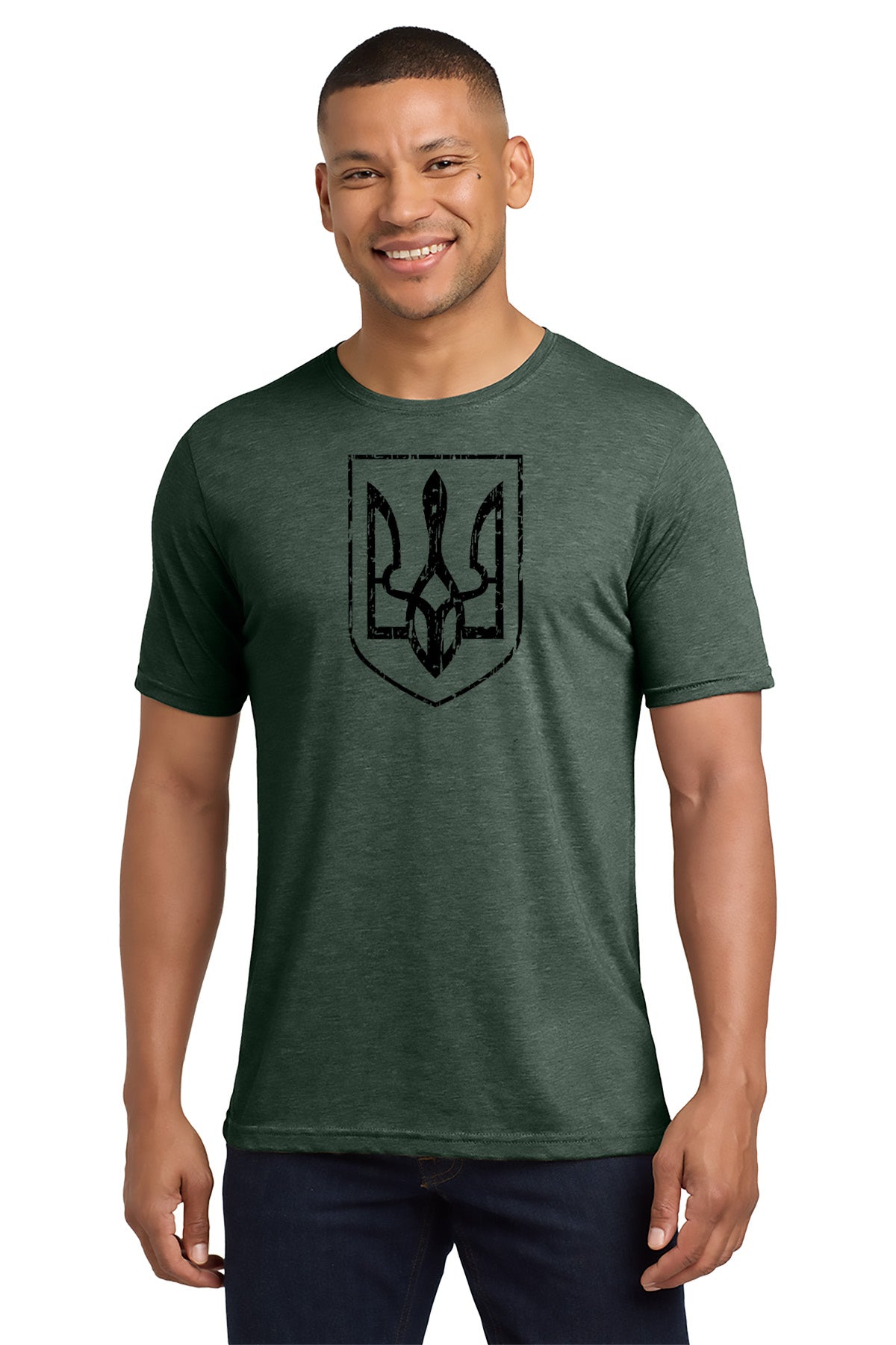 Man wearing a green t-shirt with a black emblem on a white background- Paper Street Print Co, Blairstown, NJ