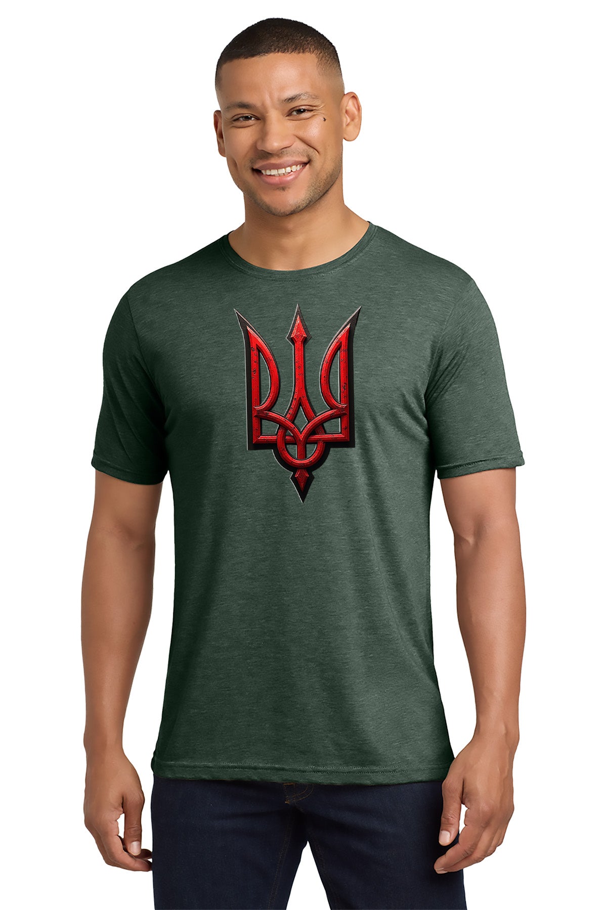 Man wearing a green t-shirt with a red and black emblem on a white background- Paper Street Print Co, Blairstown, NJ