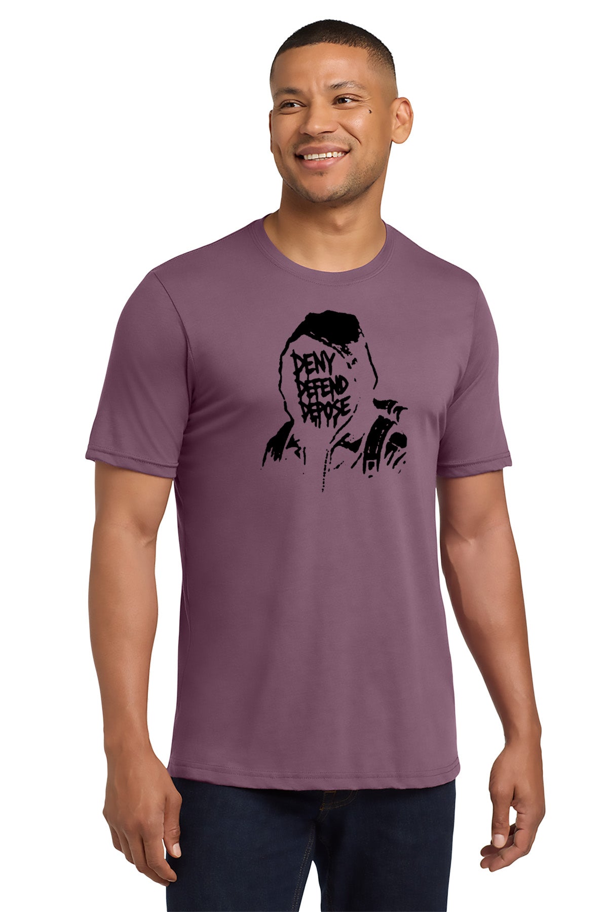 Man wearing a purple t-shirt with a graphic design on a white background - Paper Street Print Co, Blairstown, NJ.