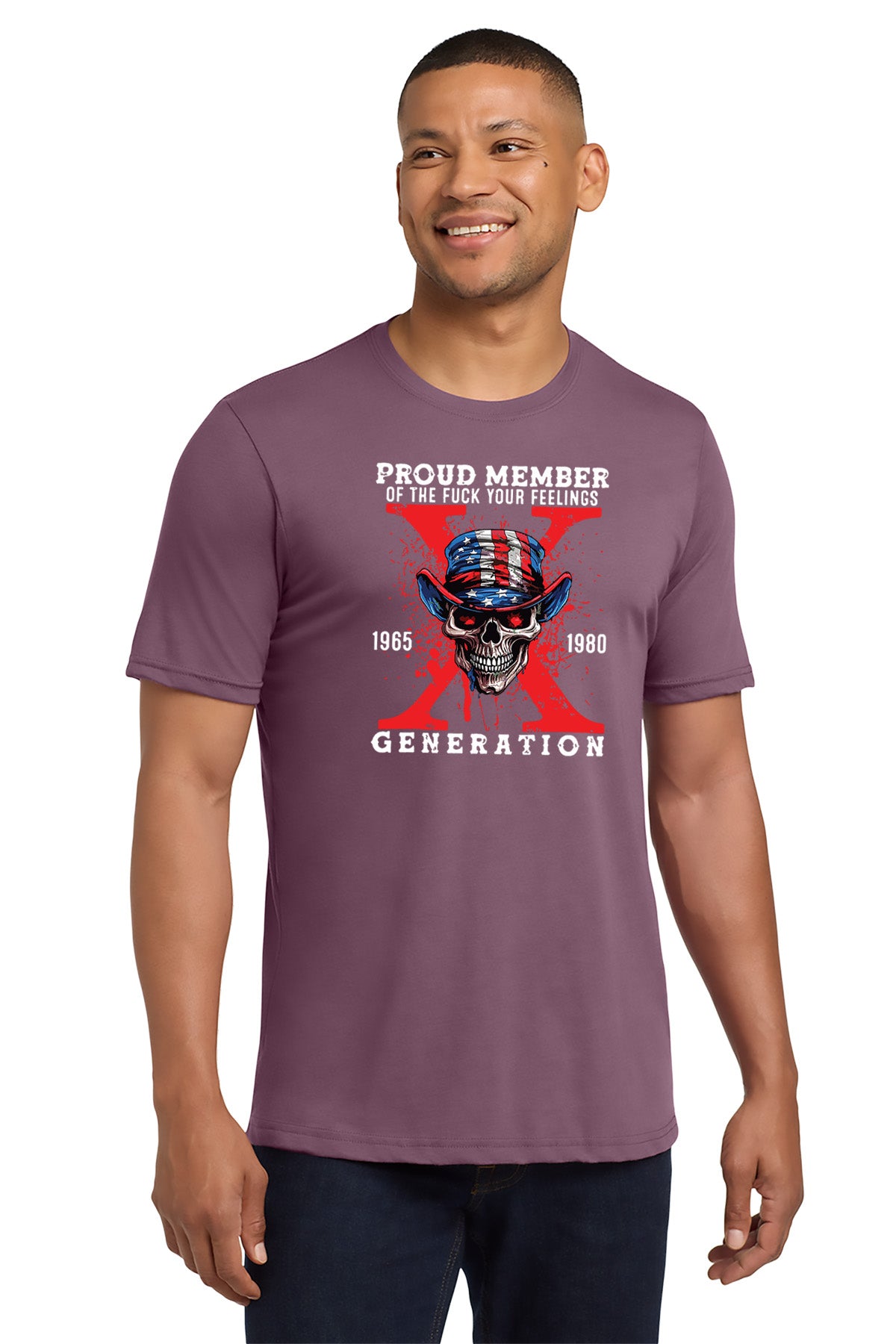 Man wearing a purple t-shirt with a graphic design and text on a white background - Paper Street Print Co, Blairstown, NJ.