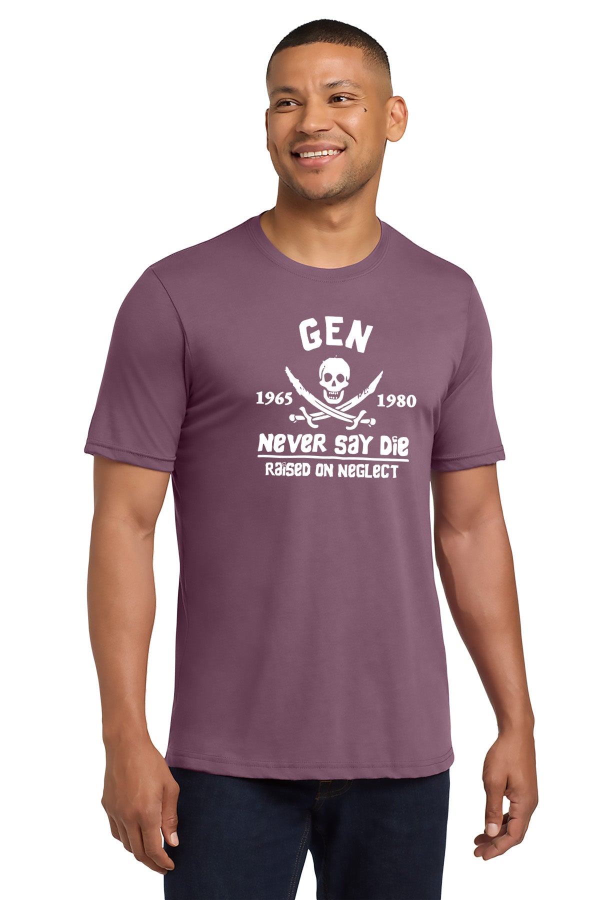 Man wearing a purple t-shirt with white text and graphics on a white background - Paper Street Print Co, Blairstown, NJ.
