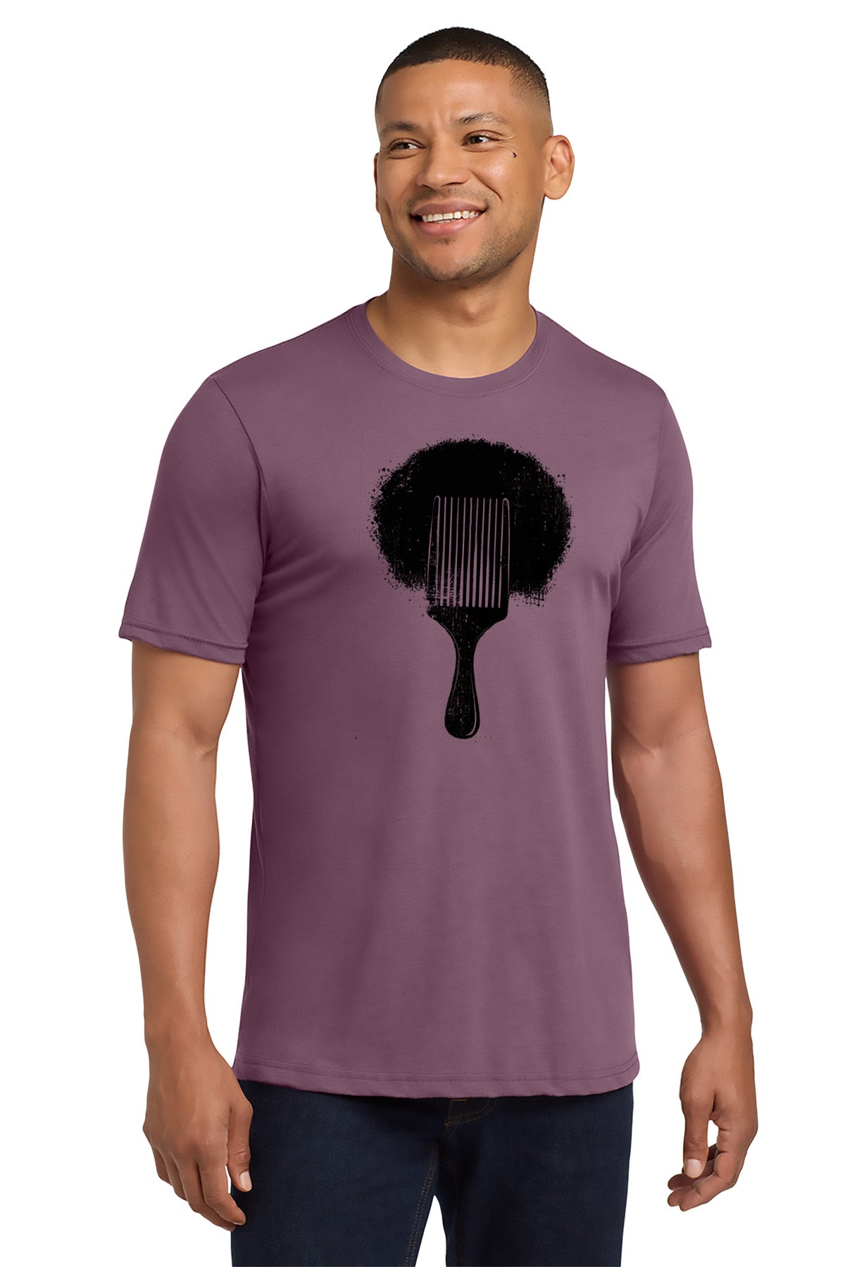 Man wearing a purple t-shirt with a black hair design on a white background - Paper Street Print Co, Blairstown, NJ