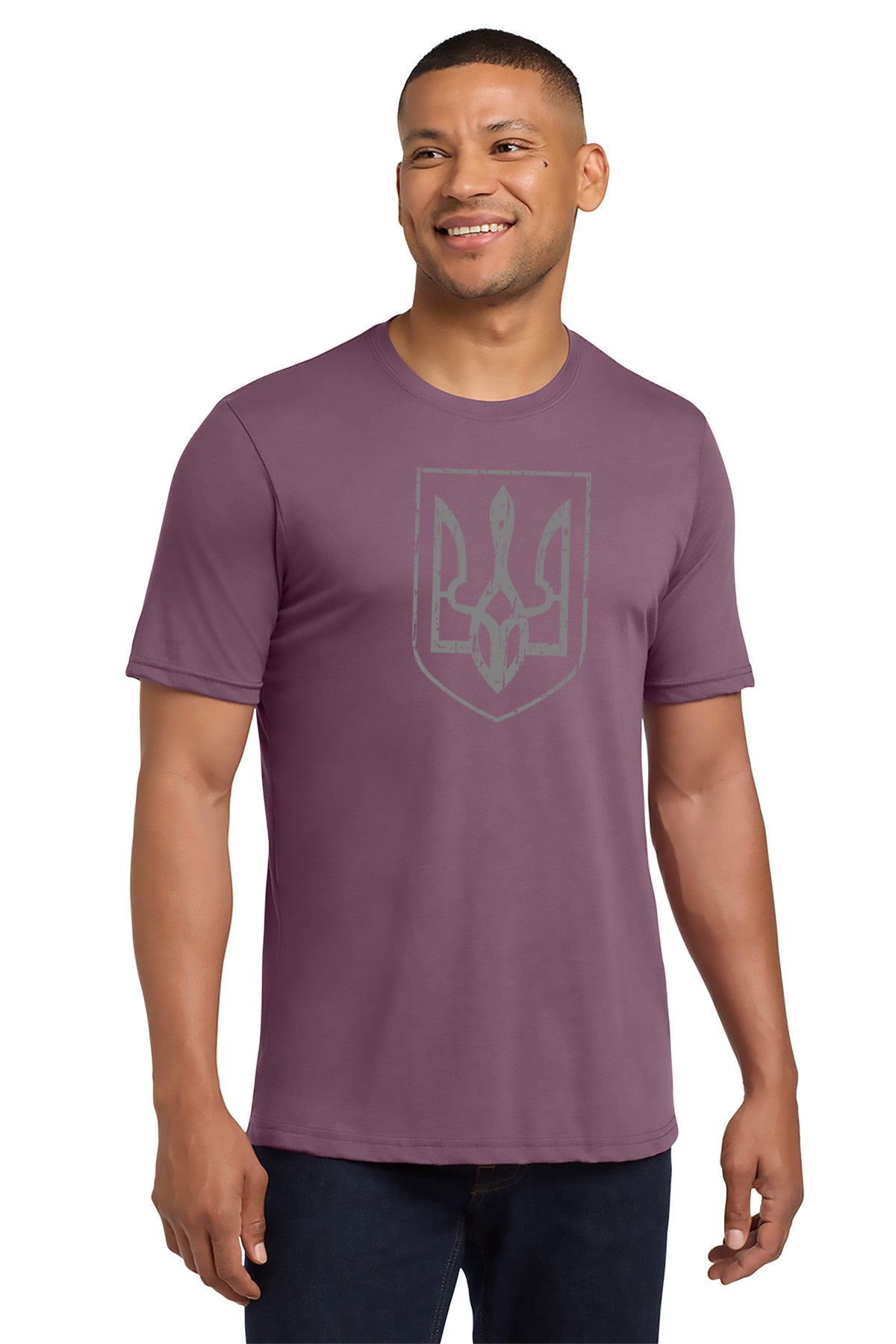 Man wearing a purple t-shirt with a logo on a white background- Paper Street Print Co, Blairstown, NJ