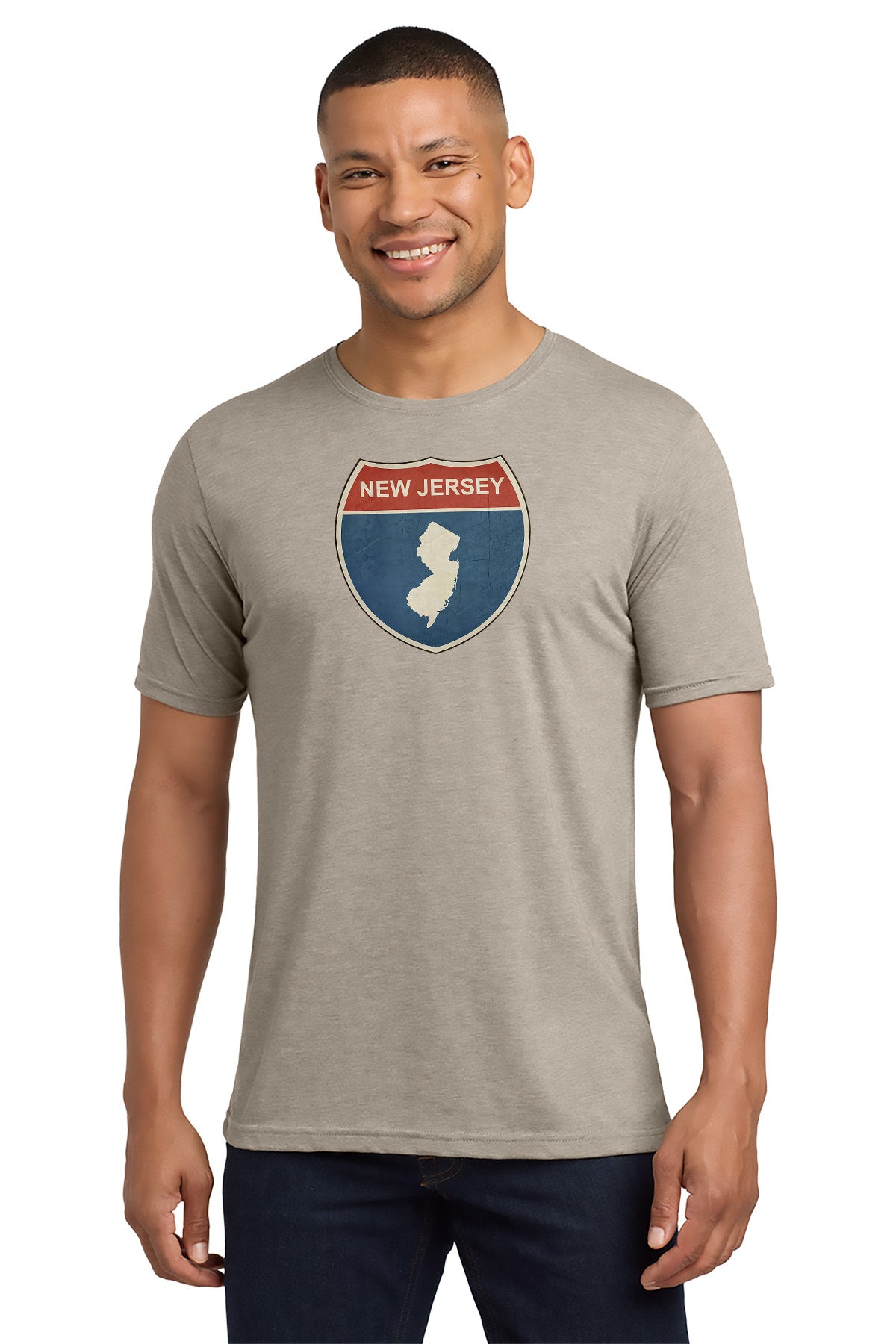 Man wearing a gray t-shirt with a New Jersey graphic design on a white background - Paper Street Print Co, Blairstown, NJ