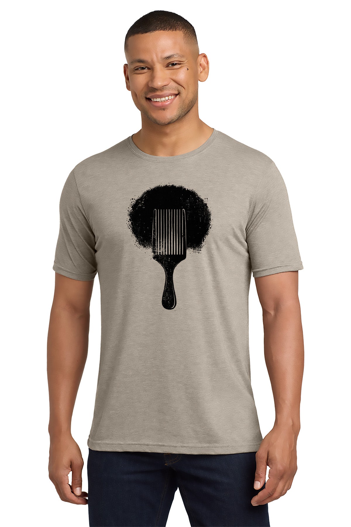 Man wearing a gray t-shirt with a black graphic design on a white background - Paper Street Print Co, Blairstown, NJ