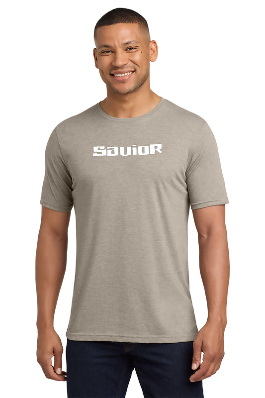 Man wearing a gray t-shirt with 'SAVOIR' logo on a white background - Paper Street Print Co, Blairstown, NJ
