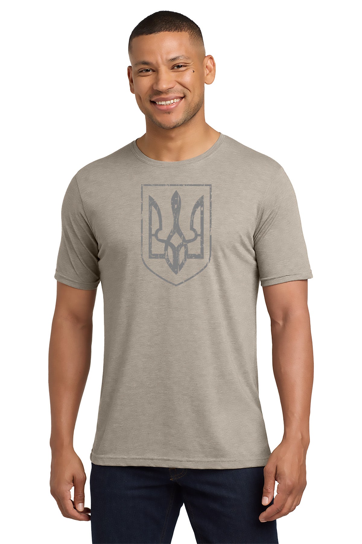 Man wearing a gray t-shirt with a logo on a white background- Paper Street Print Co, Blairstown, NJ
