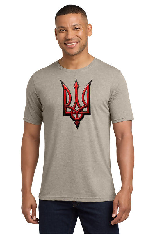 Man wearing a gray t-shirt with a red and black logo on a white background- Paper Street Print Co, Blairstown, NJ