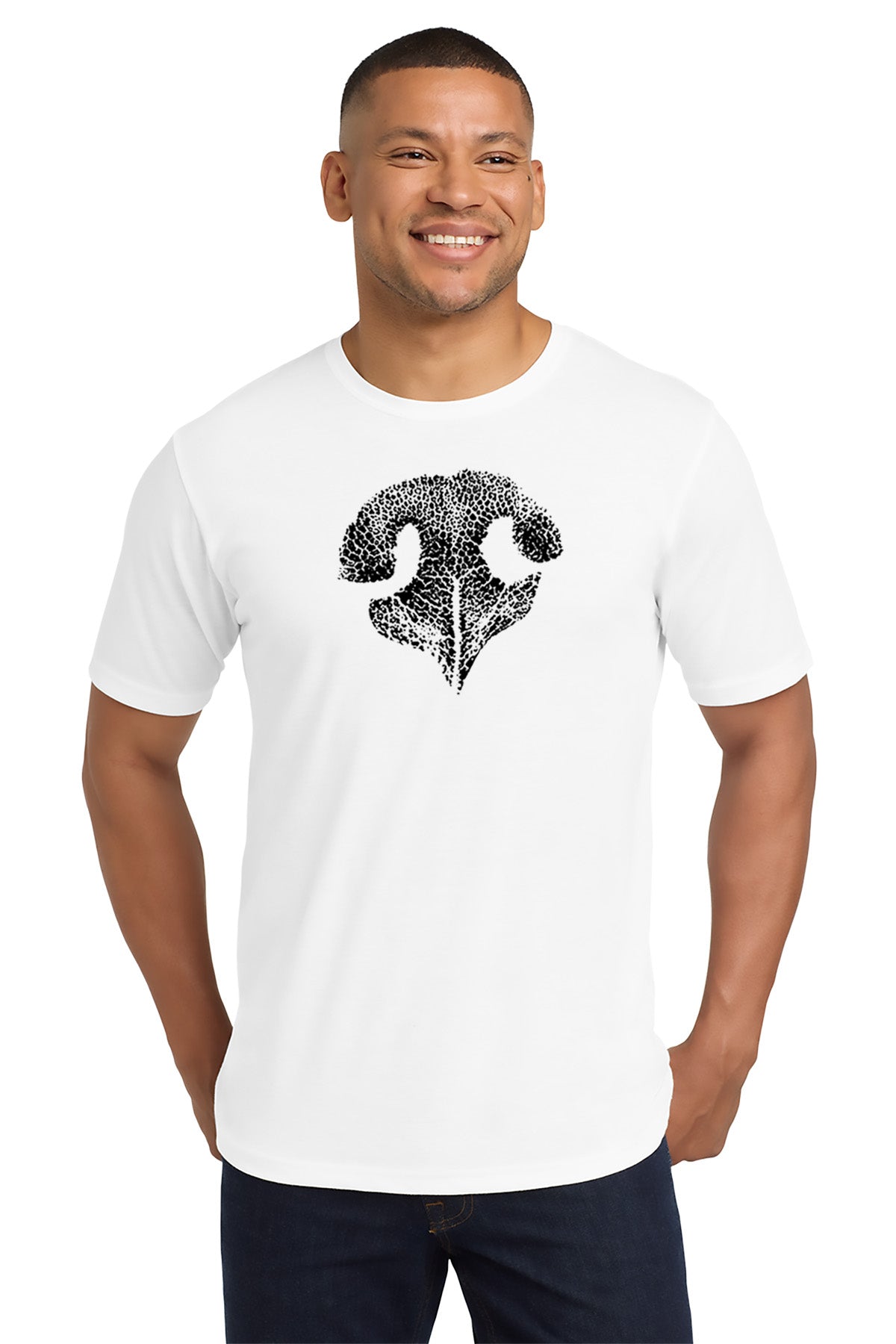 Man wearing a white t-shirt with a black graphic design on a white background - Paper Street Print Co, Blairstown, NJ