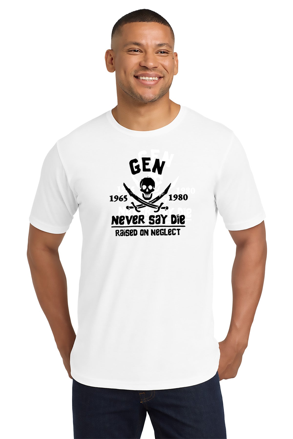Man wearing a white t-shirt with a graphic design on a white background - Paper Street Print Co, Blairstown, NJ.