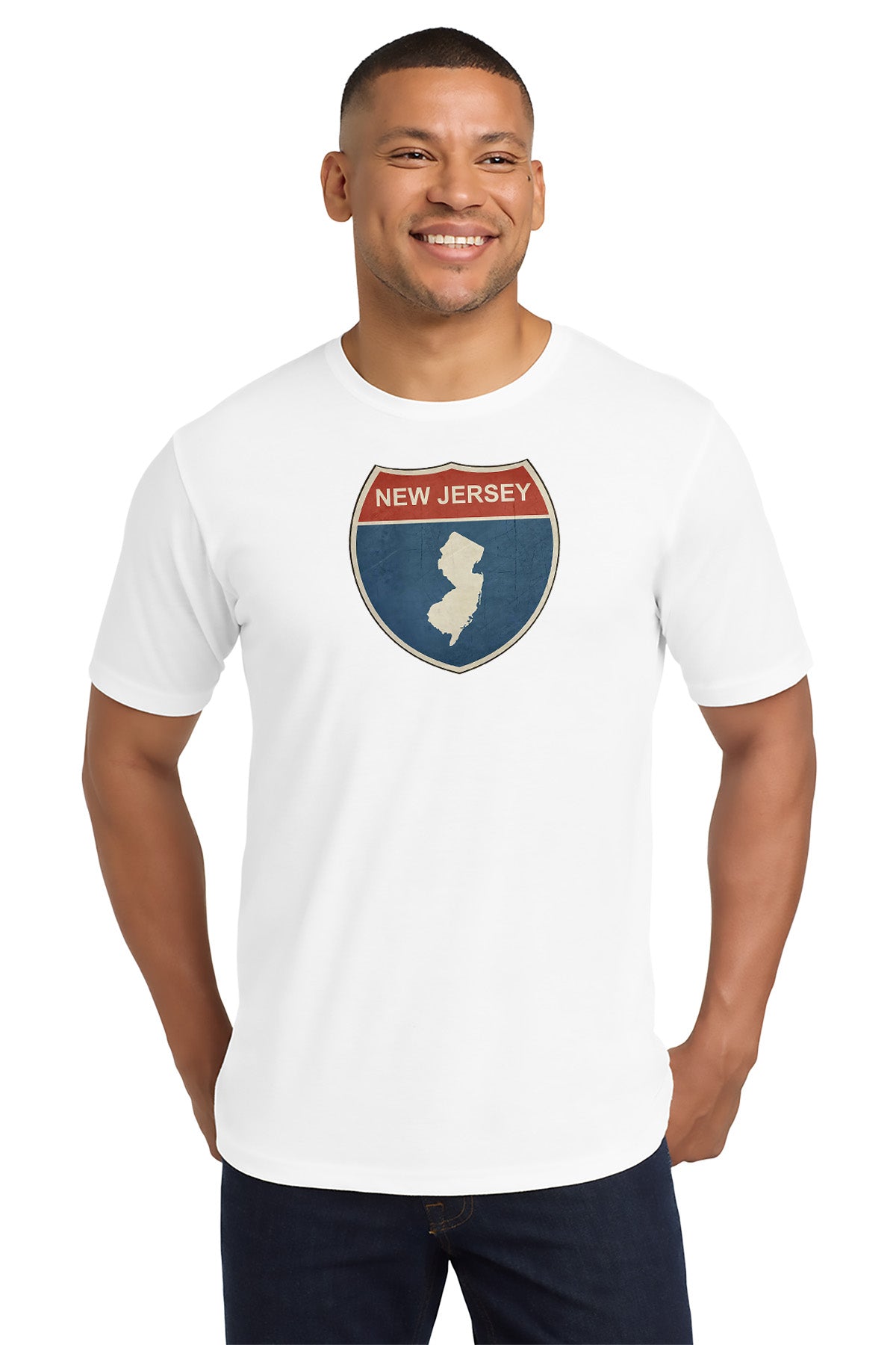 Man wearing a white t-shirt with a New Jersey graphic design on a white background - Paper Street Print Co, Blairstown, NJ
