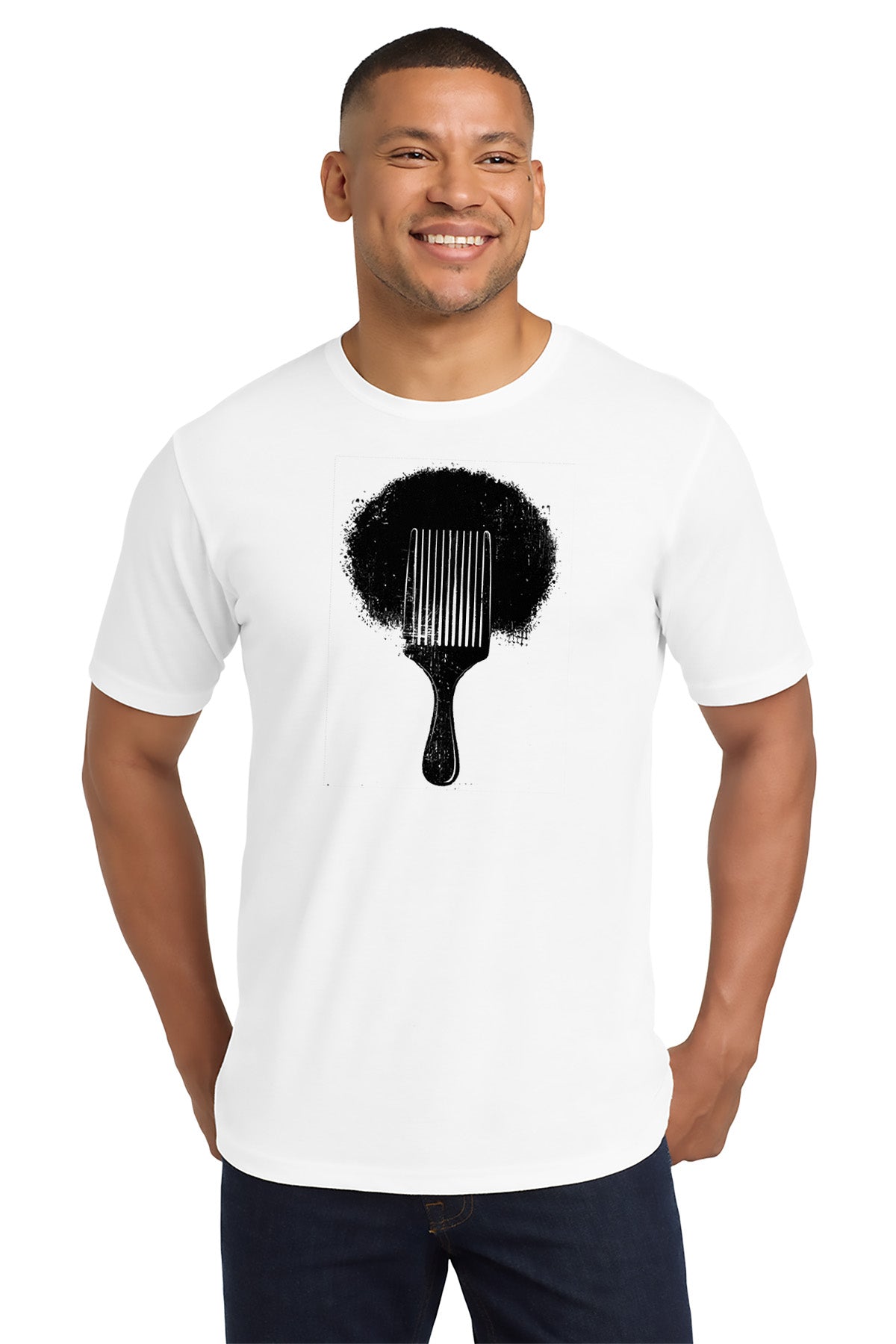 Man wearing a white t-shirt with a black graphic design on a white background - Paper Street Print Co, Blairstown, NJ