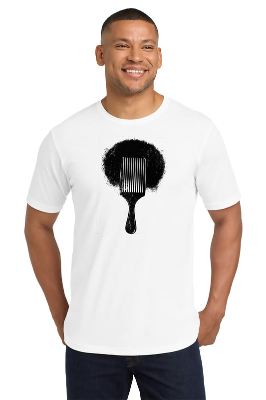 Man wearing a white t-shirt with a black graphic design on a white background - Paper Street Print Co, Blairstown, NJ