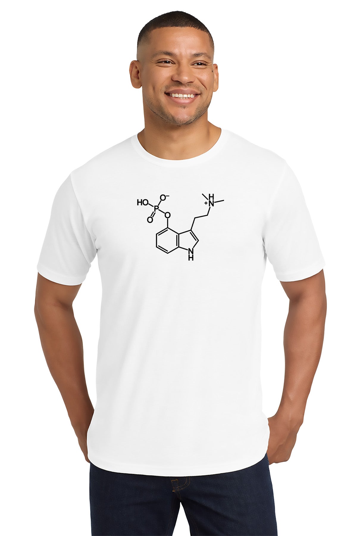 Man wearing a white t-shirt with a molecular structure design on a white background - Paper Street Print Co, Blairstown, NJ.