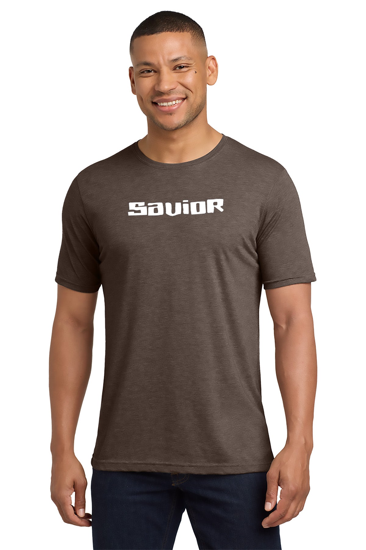 Man wearing a brown t-shirt with 'SAVIOR' printed on it against a white background - Paper Street Print Co, Blairstown, NJ