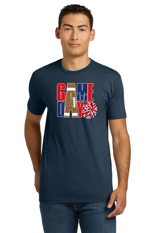 Man wearing a navy blue t-shirt with colorful graphics and text on a white background. Paper Street Print Co, Blairstown, NJ.