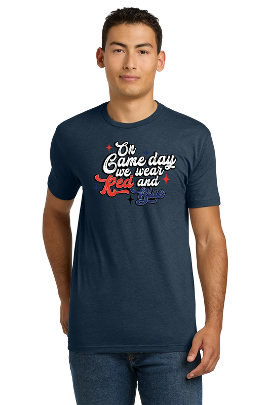 Man wearing a navy blue t-shirt with text on a white background. Paper Street Print Co, Blairstown, NJ.