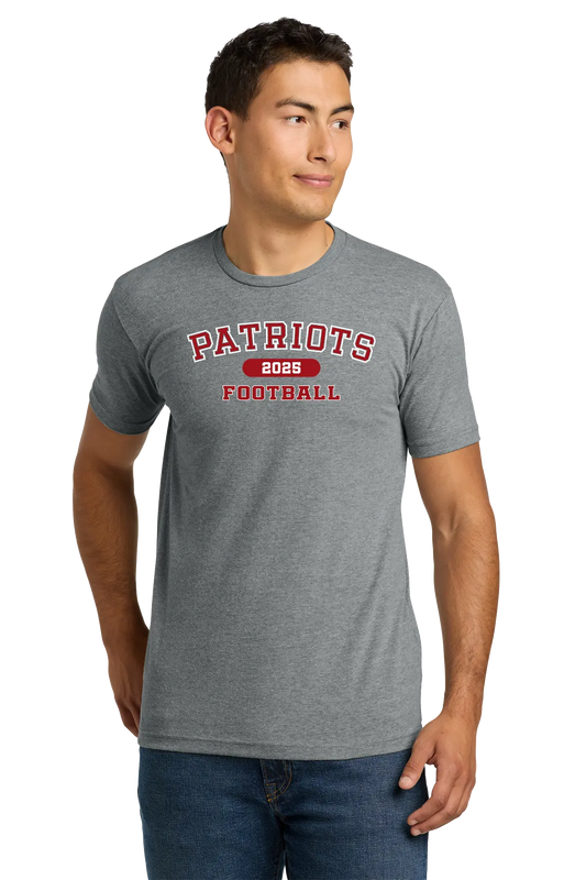 Man wearing a gray t-shirt with 'Patriots Football' text on a white background. Paper Street Print Co, Blairstown, NJ.