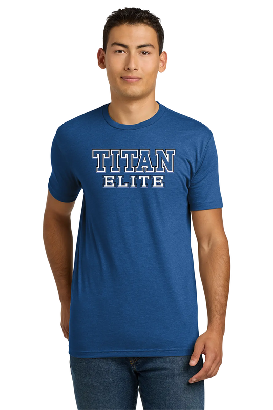 Man wearing a blue 'TITAN ELITE' t-shirt on a white background. Paper Street Print Co, Blairstown, NJ.
