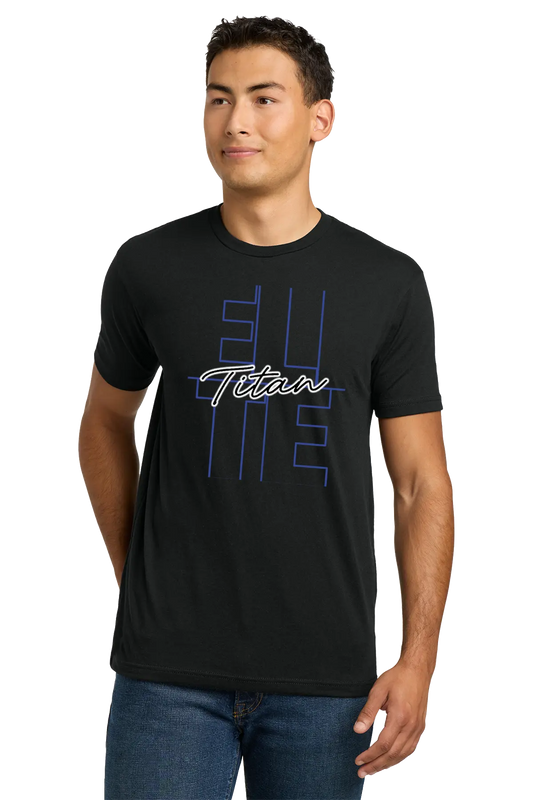 Man wearing a black t-shirt with blue and white text on a white background. Paper Street Print Co, Blairstown, NJ.