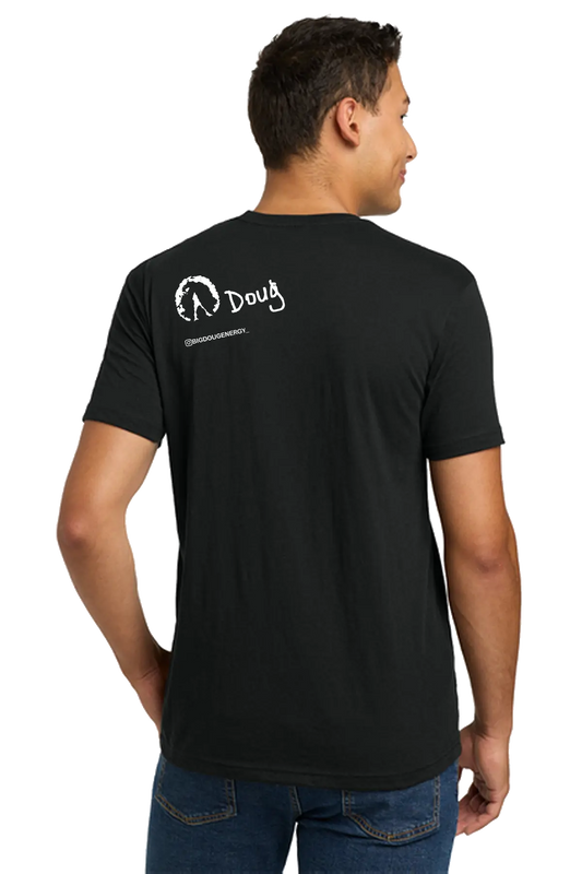 Man wearing a black t-shirt with a logo on the back, standing against a white background. BigDougEnergy Paper Street Print Co, Blairstown, NJ.