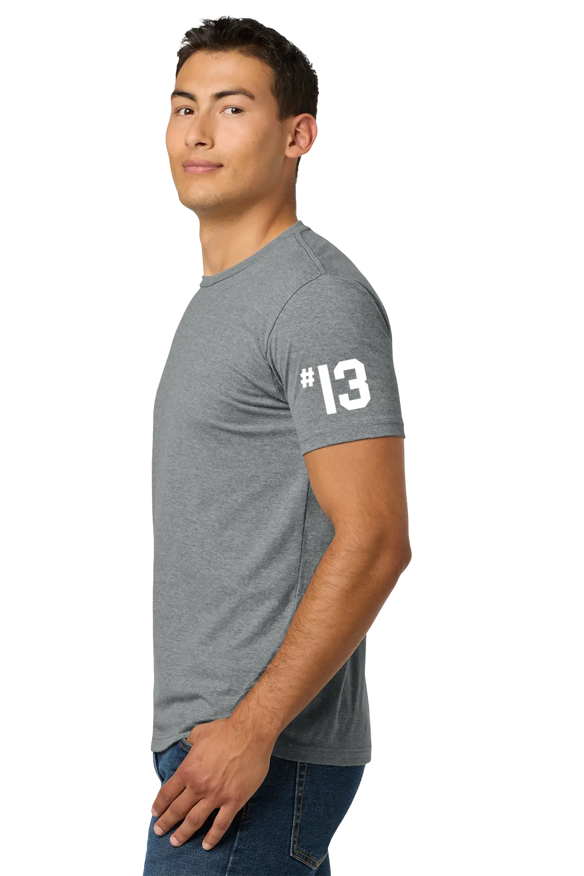 Man wearing a gray t-shirt with the number 13 on a white background. Paper Street Print Co, Blairstown, NJ