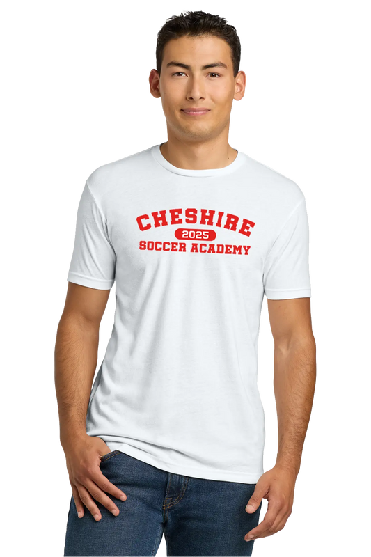 Person wearing a white t-shirt with 'Cheshire Soccer Academy' text on a white background. Paper Street Print Co, Blairstown, NJ.